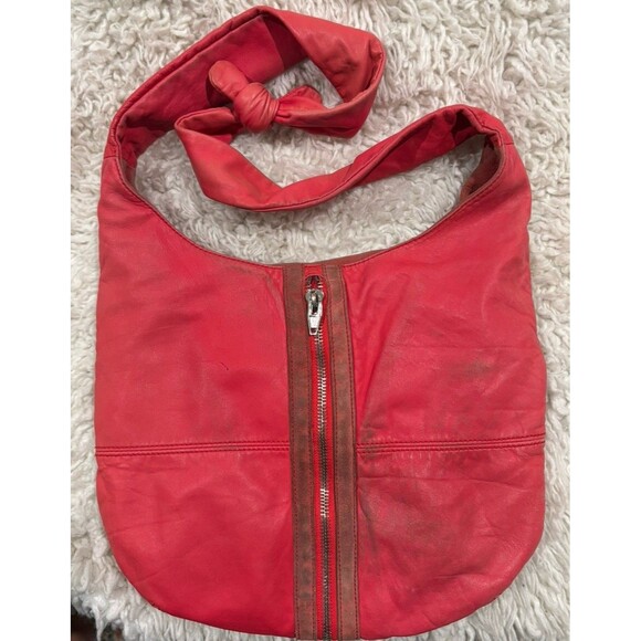 ALEXANDER WANG Donna Red/Pink Distressed Leather Hobo Crossbody Knot Zipper Bag - Picture 4 of 7